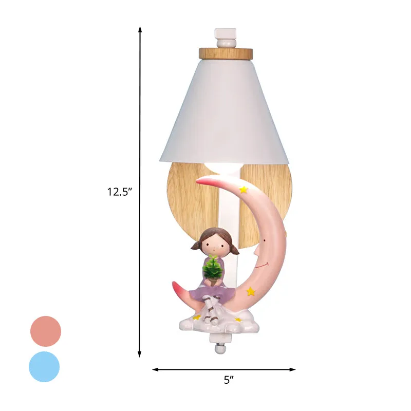 Taps toelopende ijzeren wandlamp cartoon 1 lichtroze/blauw en houten blakerlamp met maan/portretdecor