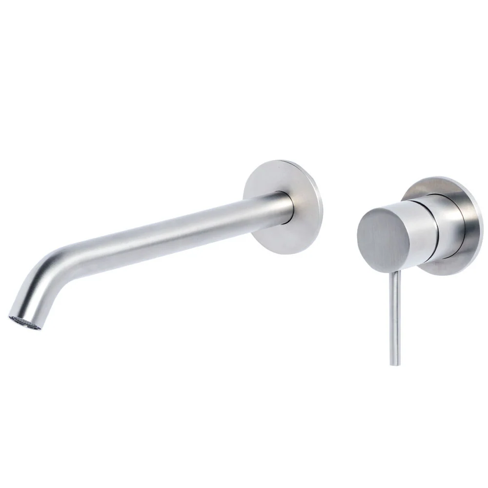 Wall-mounted basin mixer tap 12 cm verlengd spout 316L stainless steel Brushed finish without drain Tubico Tevere