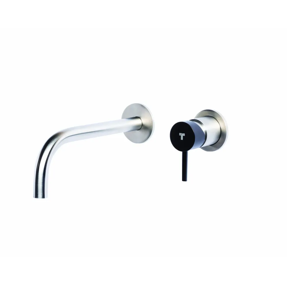 Wall-mounted washbasin mixer tap 20 cm spout stainless staalsoort Brushed finish Carbon-colored handle Tubico Colorado