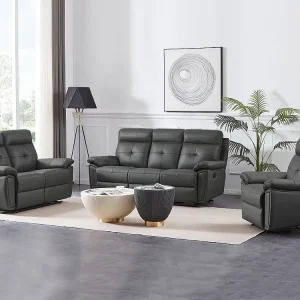 3-zits-relaxbank en relaxfauteuil van grijs leer met eigentijdse stijl VINETA
