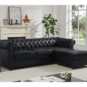 Chesterfield-hoekbank met hoek rechts van zwart leer TOLEDO