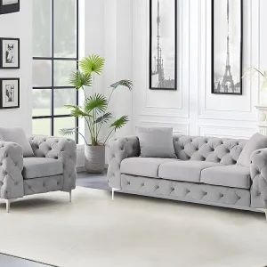 Driezitsbank en fauteuil van lichtgrijs velours en metalen poten EDWINA