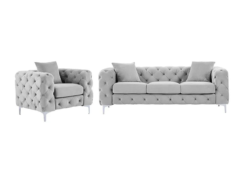 Driezitsbank en fauteuil van lichtgrijs velours en metalen poten EDWINA