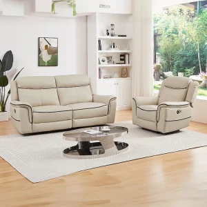 Elektrische driezitsrelaxbank en -fauteuil van ecru leer ROVETO