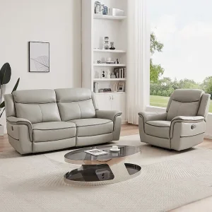 Elektrische driezitsrelaxbank en -fauteuil van lichtgrijs leer ADELIO