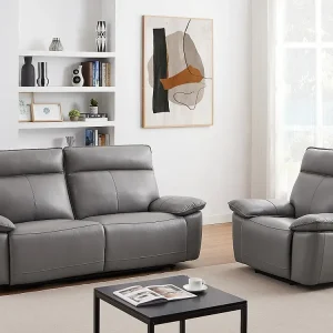 Elektrische driezits-relaxbank en relaxfauteuil van grijs vaarsleer NOVENA