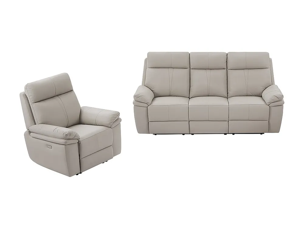 Elektrische relax-driezitsbank en -fauteuil van lichtgrijs leer MESOLA