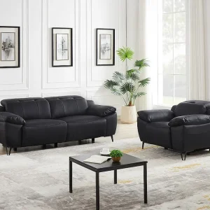 Elektrische relax-driezitsbank en -fauteuil van zwart leer ROVETO