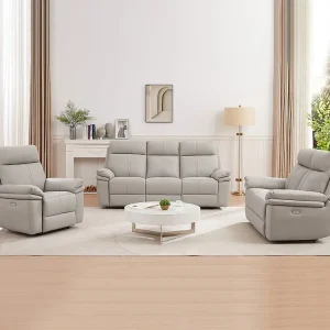 Elektrische relax-driezitsbank, -tweezitsbank en -fauteuil van lichtgrijs leer MESOLA