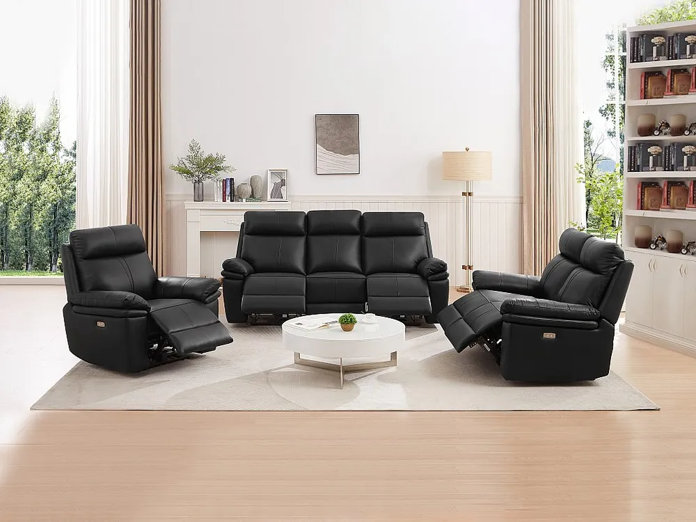Elektrische relax-driezitsbank, -tweezitsbank en -fauteuil van zwart leer MESOLA