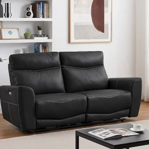 Elektrische relax-driezitsbank van zwart vaarsleer met eigentijdse stijl DAMON