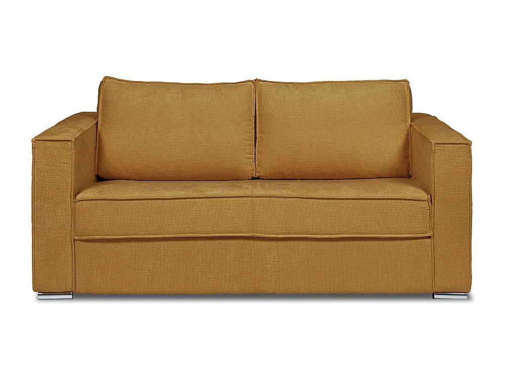 Express-driezitsslaapbank van mosterdgele stof met textuur, latten, 18cm LORETO