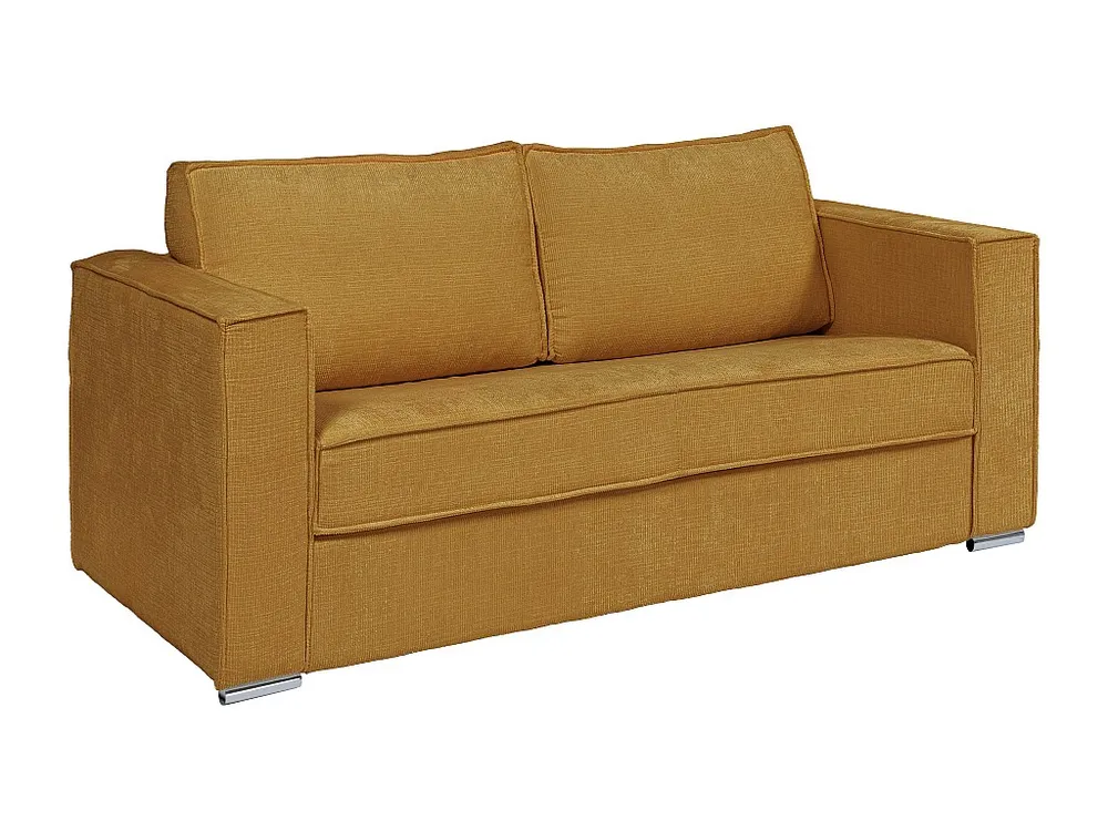 Express-driezitsslaapbank van mosterdgele stof met textuur, latten, 18cm LORETO