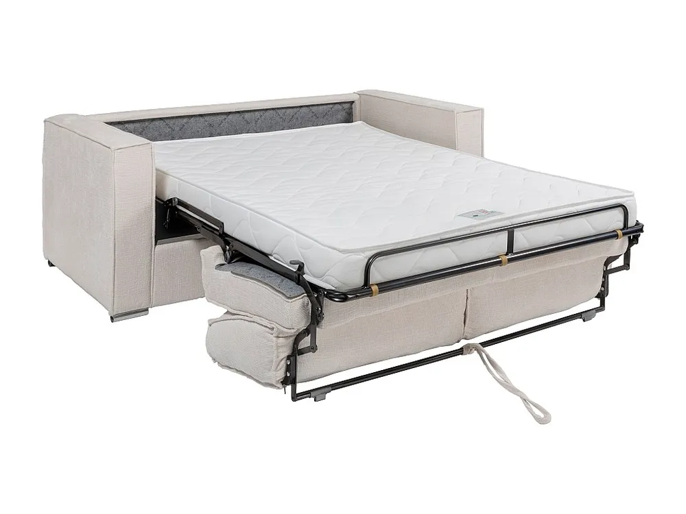 Express-driezitsslaapbank van taupegrijze stof met textuur - 140 cm - Matras 14 cm LORETO