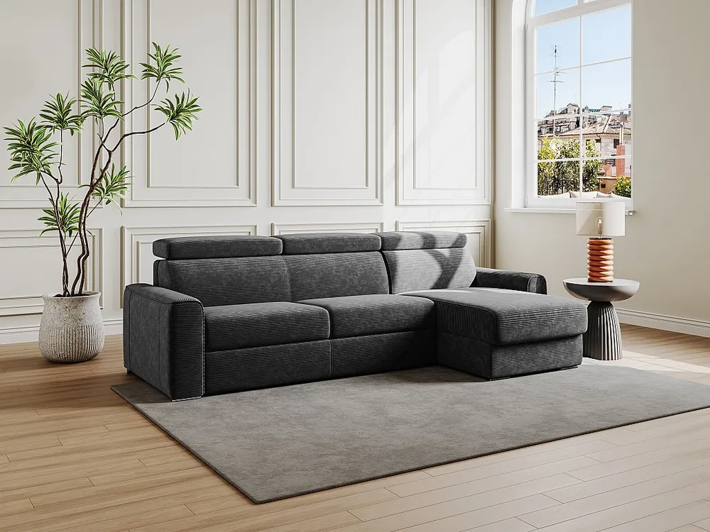 Express-hoekslaapbank van antracietgrijs ribfluweel, bed 160 cm, VIZIR