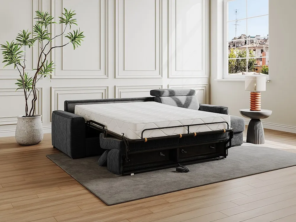 Express-hoekslaapbank van antracietgrijs ribfluweel, bed 160 cm, VIZIR