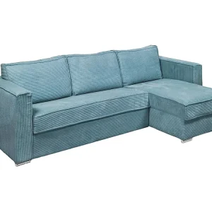Express-hoekslaapbank van blauw ribfluweel, bed 160 cm, dikte 18 cm LORETO
