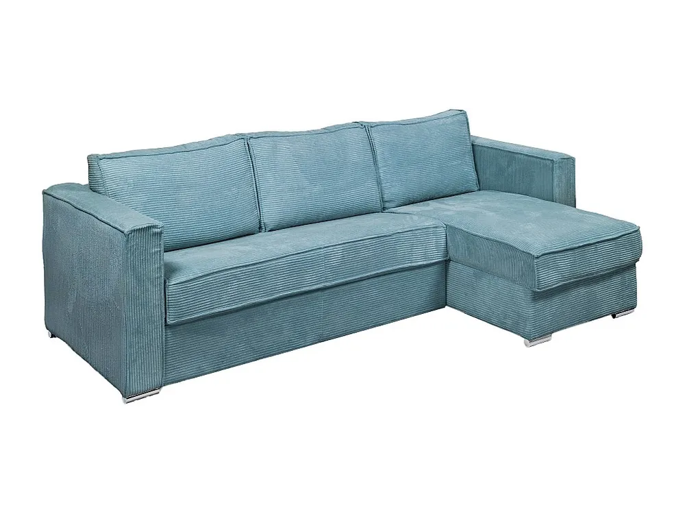 Express-hoekslaapbank van blauw ribfluweel, bed met latten 140 cm, dikte 18 cm LORETO