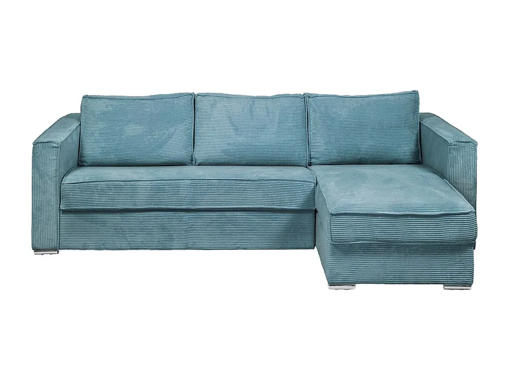 Express-hoekslaapbank van blauw ribfluweel, bed met latten 140 cm, dikte 18 cm LORETO