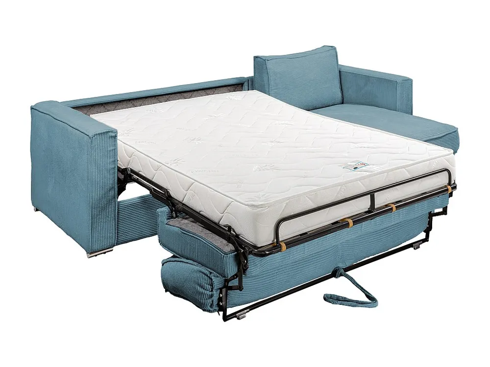 Express-hoekslaapbank van blauw ribfluweel, bed met latten 140 cm, dikte 18 cm LORETO
