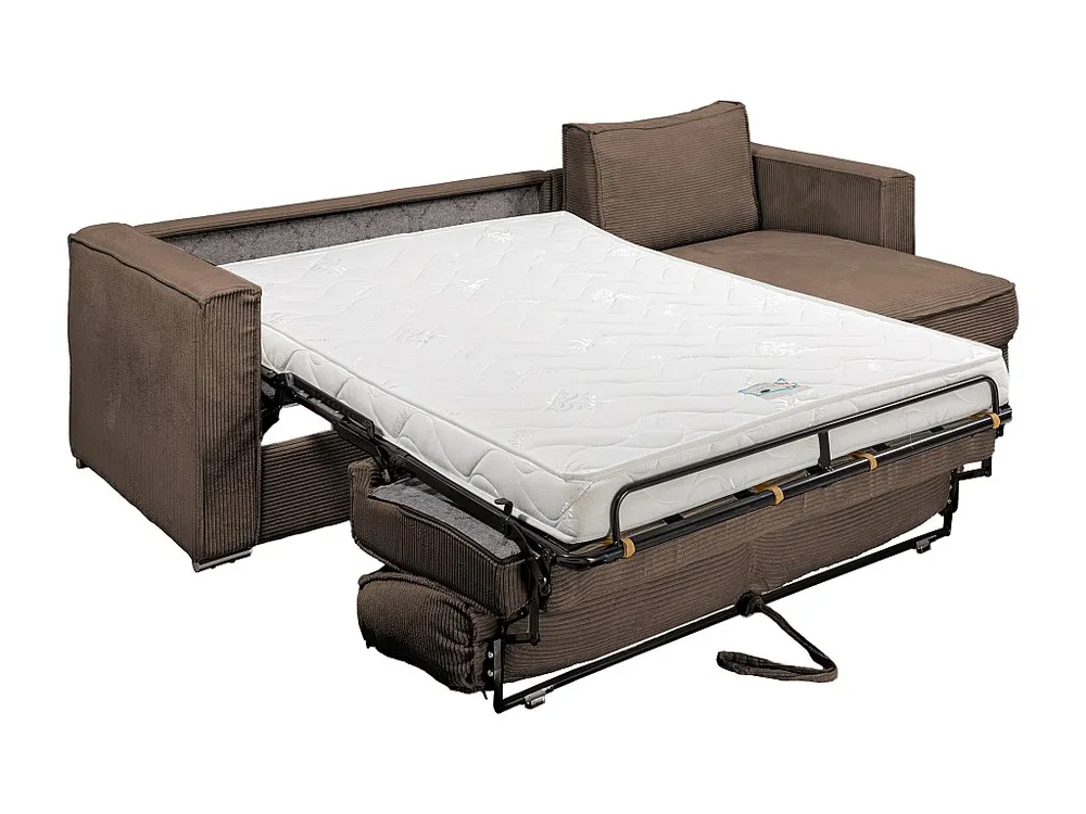 Express-hoekslaapbank van bruin ribfluweel, bed 140 cm, dikte 14 cm LORETO