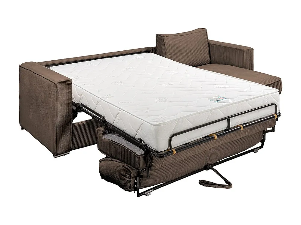 Express-hoekslaapbank van bruin ribfluweel, bed met latten 160 cm LORETO