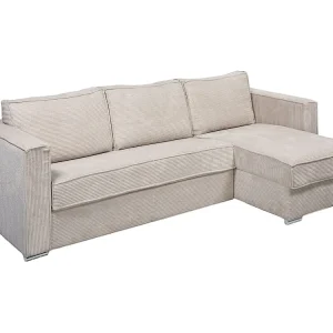 Express-hoekslaapbank van ecru ribfluweel, bed 160 cm, dikte 22 cm LORETO