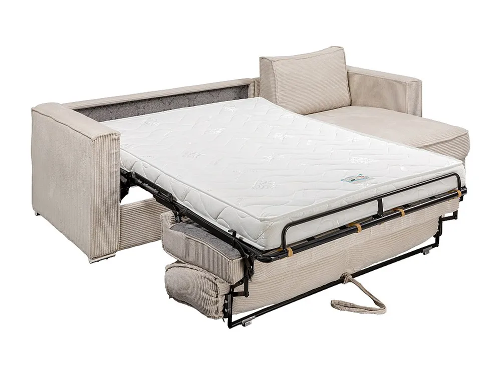 Express-hoekslaapbank van ecru ribfluweel, bed met latten 160 cm LORETO