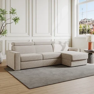 Express-hoekslaapbank van ecru ribfluweel, bed met latten 140 cm, VIZIR