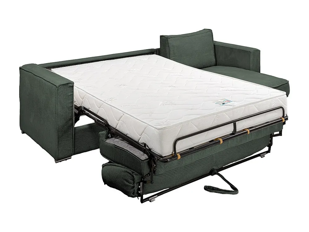 Express-hoekslaapbank van groen ribfluweel, bed 140 cm, dikte 22 cm LORETO