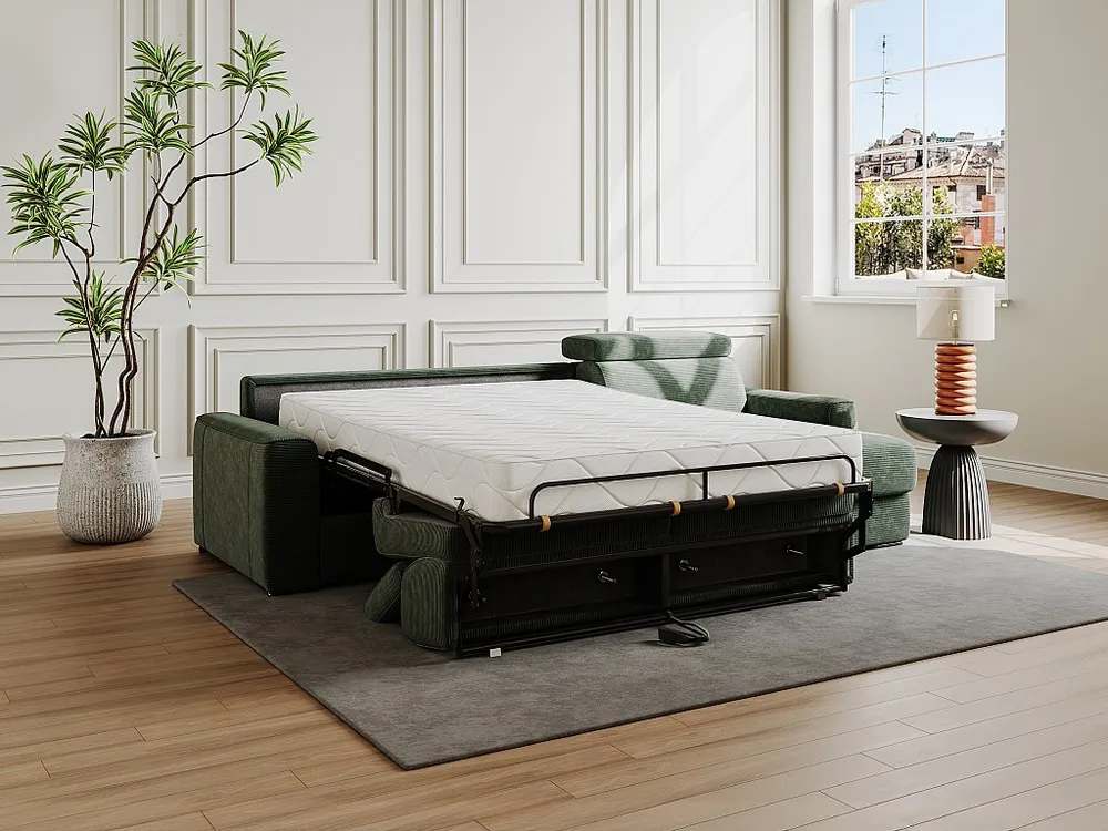 Express-hoekslaapbank van groen ribfluweel - Bed 160 cm, dikte 18 cm, VIZIR