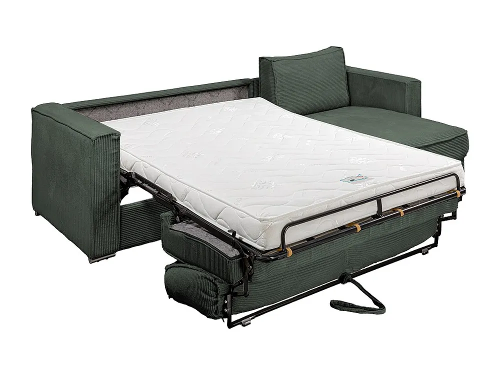 Express-hoekslaapbank van groen ribfluweel, bed 160 cm, dikte 14 cm LORETO