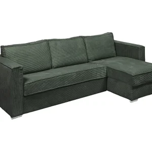Express-hoekslaapbank van groen ribfluweel, bed met latten 160 cm LORETO