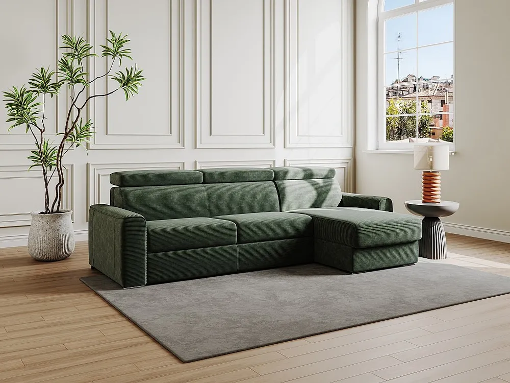 Express-hoekslaapbank van groen ribfluweel - Bed met latten 160 cm, VIZIR