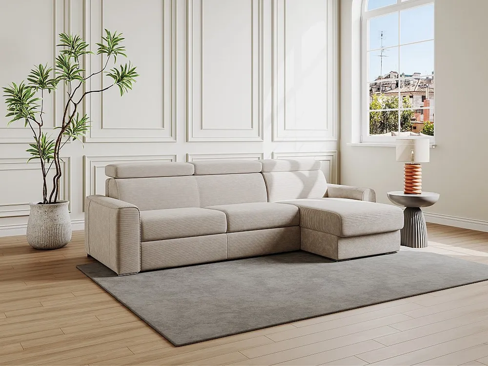 Express-hoekslaapbank van lichtbruin ribfluweel, bed met latten 140 cm, VIZIR