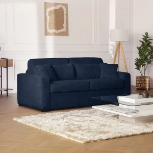 Express-slaapbank van blauw ribfluweel, bed met latten 160 cm, dikte 18 cm MONDOVI
