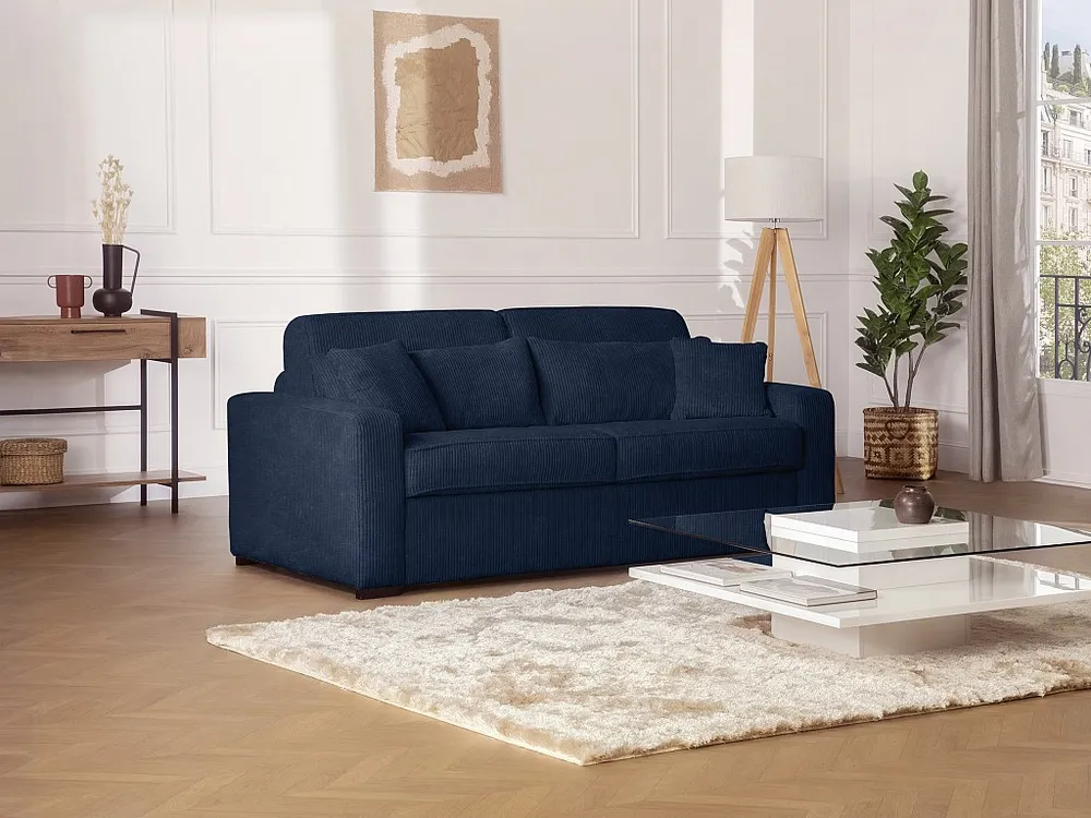 Express-slaapbank van blauw ribfluweel, bed met latten 160 cm, dikte 18 cm MONDOVI