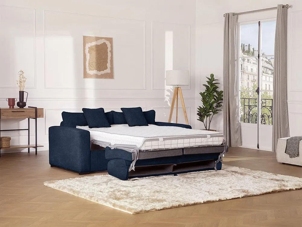 Express-slaapbank van blauw ribfluweel, bed met latten 160 cm, dikte 18 cm MONDOVI