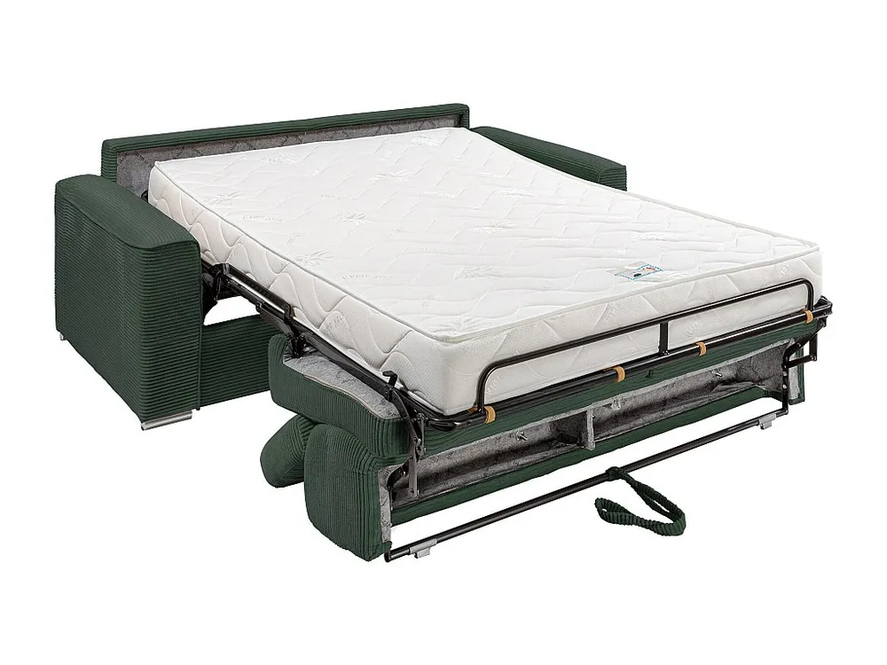 Express-slaapbank van groen ribfluweel Bed met latten 160 cm, dikte 18 cm VIZIR