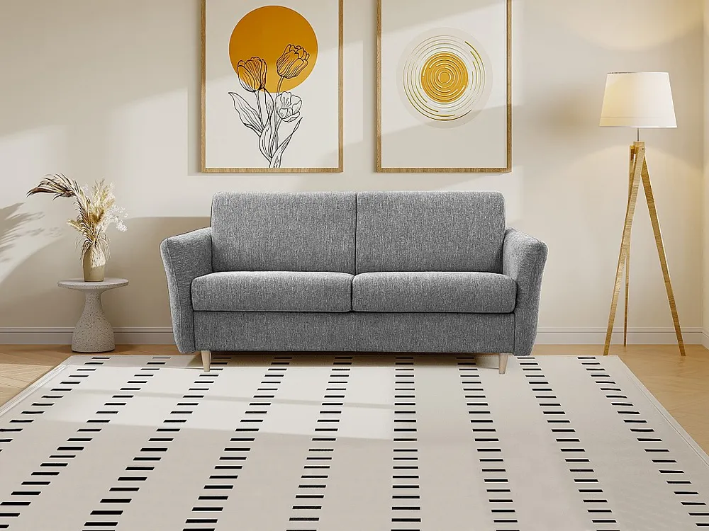 Express-vierzitsslaapbank van grijze stof - Bed 160 cm - Matras 14 cm ARCADIA