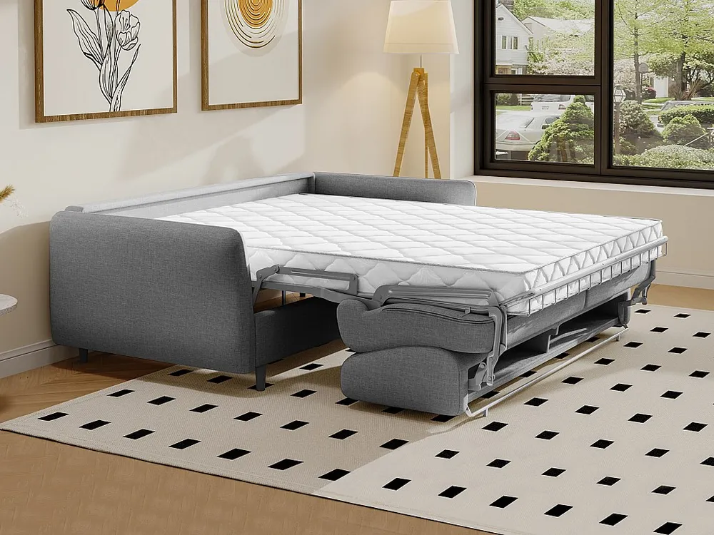 Express-vierzitsslaapbank van grijze stof - Bed 160 cm - Matras 14 cm ARCADIA