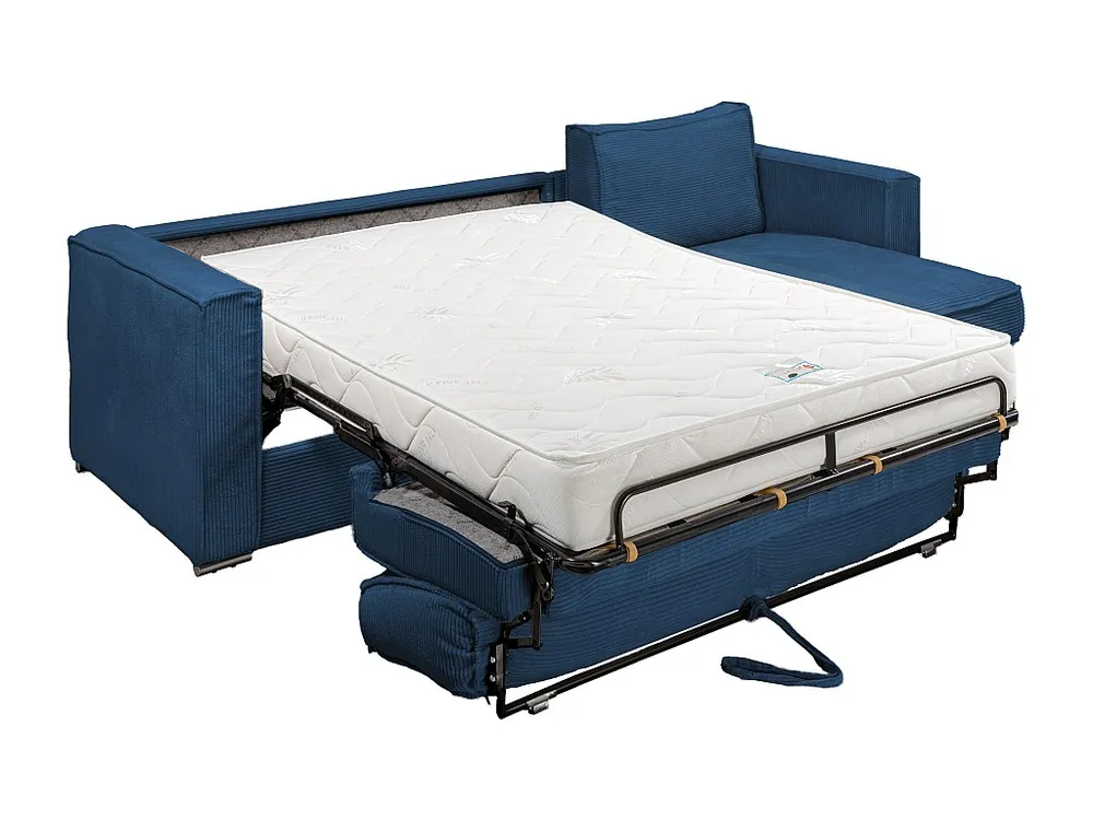 Omkeerbare express-hoekslaapbank van nachtblauw ribfluweel, bed met latten 140 cm LORETO