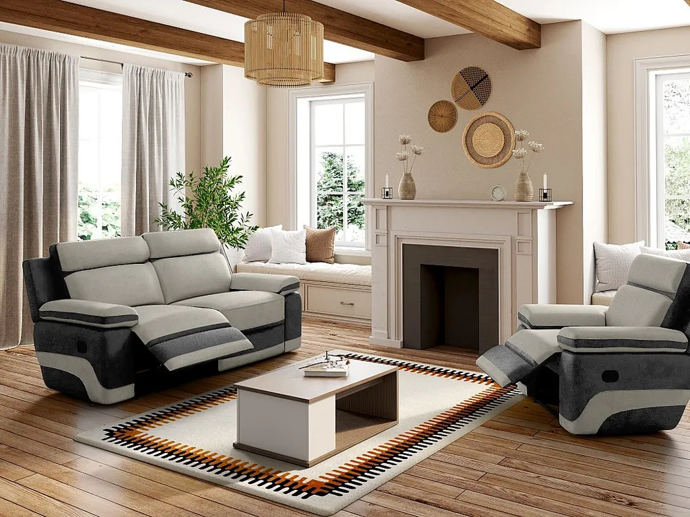 Relax driezitsslaapbank + fauteuil - lichtgrijze microvezel en antracietkleurige strepen TALCA