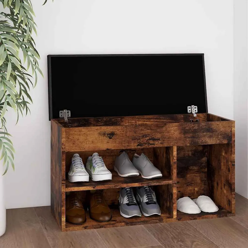 Schoenenbank met kussen 80x30x47 cm bewerkt hout gerookt eiken
