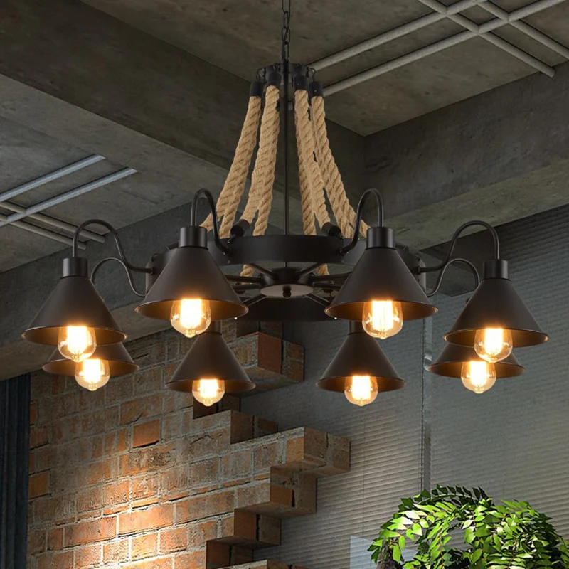Cirkelvormige ijzeren plafondverlichting Industriële restaurantkroonluchterlamp met henneptouw zwart - 60cm Diameter