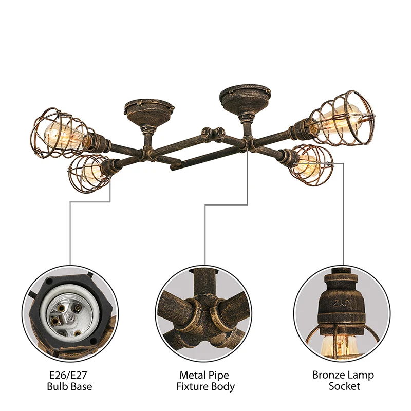 Messing draadkooi semi-inbouw licht nostalgisch industrieel ijzer 4/6/8 hoofden woonkamer plafondverlichting met pijp (IP44)