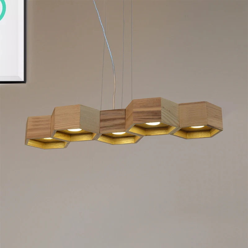 Zeshoekige eilandverlichting Hedendaags houten 5/7-licht houten plafondlamp voor woonkamer