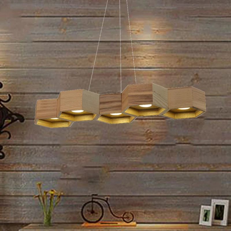 Zeshoekige eilandverlichting Hedendaags houten 5/7-licht houten plafondlamp voor woonkamer