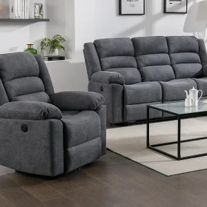 Compact Elektrische driezits-relaxbank en relaxfauteuil van grijze stof BUROLO