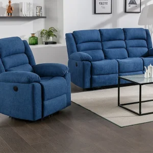 Professionele Kwaliteit Elektrische driezits-relaxbank en -fauteuil van blauwe stof BUROLO